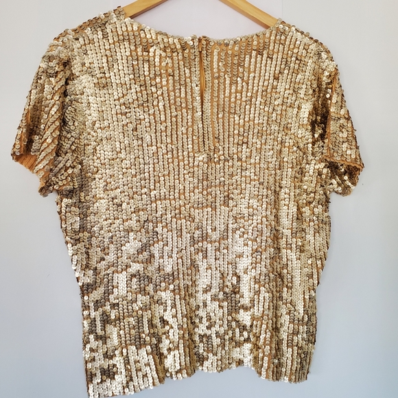 VINTAGE OSCAR DE LA RENTA Sz L Gold Sequin Short Sleeve Sweater Top Zip GLITZY - Picture 8 of 16
